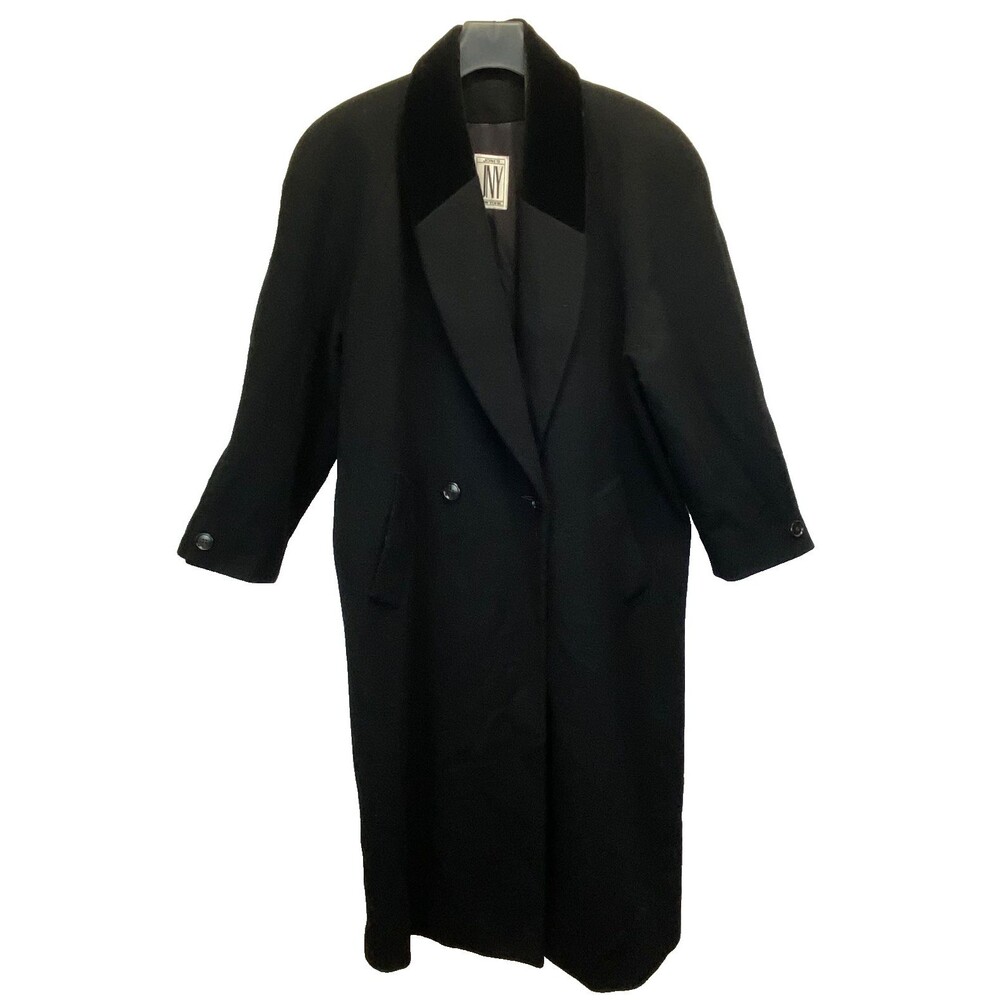 JNY Jones New York Womens L-XL Long Wool Coat Black Two-Button Velvet Lapel FLAW